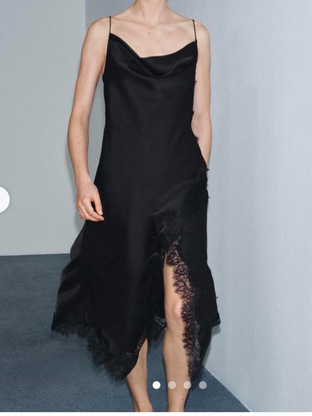 Zara Black Satin Slip Midi Dress with Lace Trim